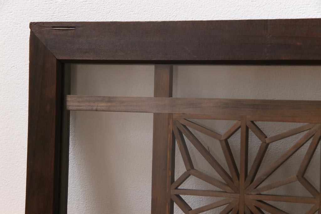 アンティーク雑貨 昭和初期 組子入り 角麻 モダンなガラス欄間(明かり取り、明り取り)(2)