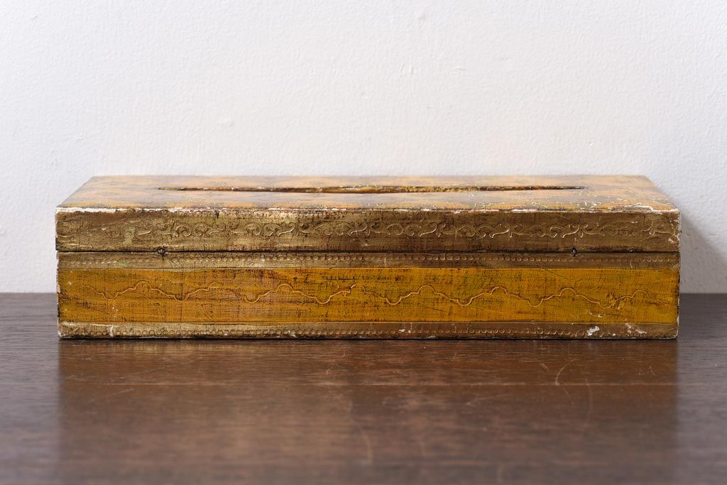 アンティーク雑貨　アンティーク　イタリア伝統工芸　フローレンタイン　エキゾチックな装飾が目を引くティッシュボックス(ティッシュケース、木箱)