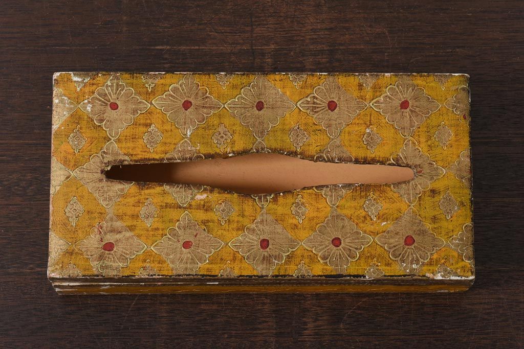 アンティーク雑貨　アンティーク　イタリア伝統工芸　フローレンタイン　エキゾチックな装飾が目を引くティッシュボックス(ティッシュケース、木箱)