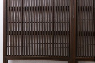 昭和レトロ　変わり花菱ガラス　裏障子枠付き　細い桟が涼しげな格子戸(ガラス帯戸、引き戸、建具)2枚セット
