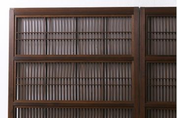 昭和レトロ　変わり花菱ガラス　裏障子枠付き　細い桟が涼しげな格子戸(ガラス帯戸、引き戸、建具)2枚セット