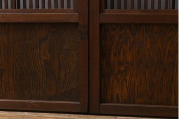 昭和レトロ　変わり花菱ガラス　裏障子枠付き　細い桟が涼しげな格子戸(ガラス帯戸、引き戸、建具)2枚セット