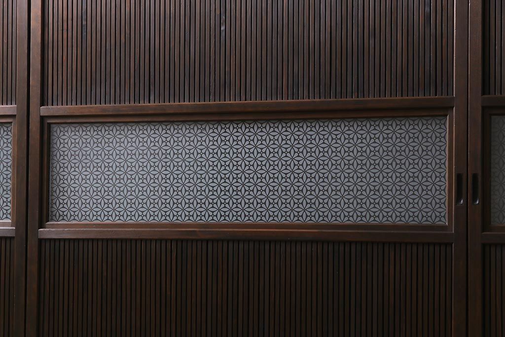 高級品!　変わり花菱ガラス　ヒノキ柾目材　細い桟が並んだ上品な万本格子戸(引き戸、ガラス帯戸、建具)4枚セット