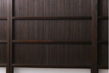 高級品!　変わり花菱ガラス　ヒノキ柾目材　細い桟が並んだ上品な万本格子戸(引き戸、ガラス帯戸、建具)4枚セット