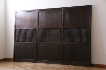 和製アンティーク　杉材　倹飩式裏ガラス　上品な和の空間づくりにおすすめなガラス入り格子帯戸3枚セット(建具、引き戸)