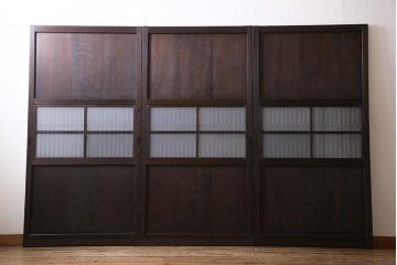 和製アンティーク　杉材　倹飩式裏ガラス　上品な和の空間づくりにおすすめなガラス入り格子帯戸3枚セット(建具、引き戸)