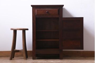 中古　松本民芸家具　シックな雰囲気漂うC型電話台(サイドチェスト、引き出し、収納棚)(定価約11万円)(1)