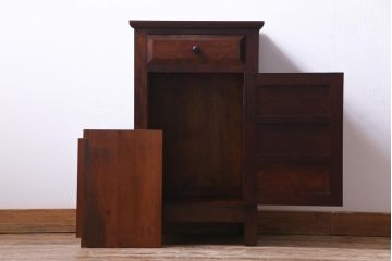 中古　松本民芸家具　シックな雰囲気漂うC型電話台(サイドチェスト、引き出し、収納棚)(定価約11万円)(1)