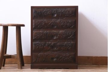 中古　伝統工芸　日光彫り　華やかな雰囲気の彫りが施された小引き出し(小物収納、引き出し)
