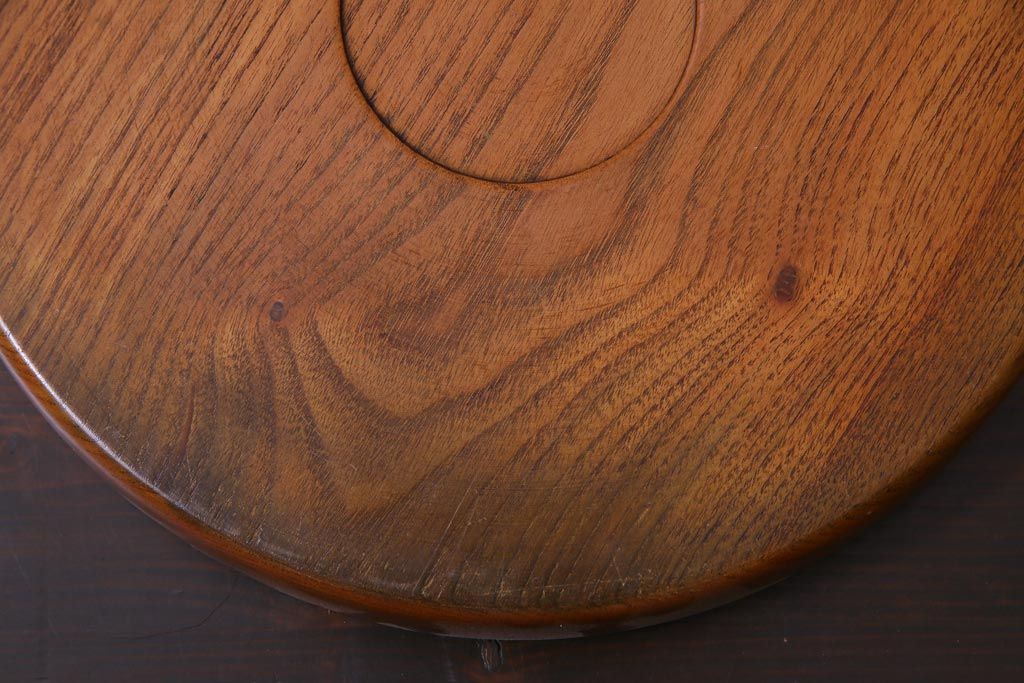 和製アンティーク　ケヤキ材　美しい杢目を楽しめる丸型お盆