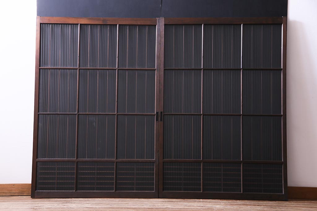 昭和初期　モールガラス　変わり格子が目を惹くシンプルなガラス戸(窓、引き戸、建具)2枚組