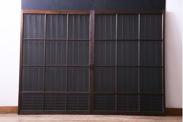 昭和初期　モールガラス　変わり格子が目を惹くシンプルなガラス戸(窓、引き戸、建具)2枚組