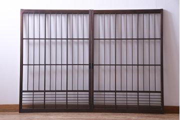 昭和初期　モールガラス　変わり格子が目を惹くシンプルなガラス戸(窓、引き戸、建具)2枚組