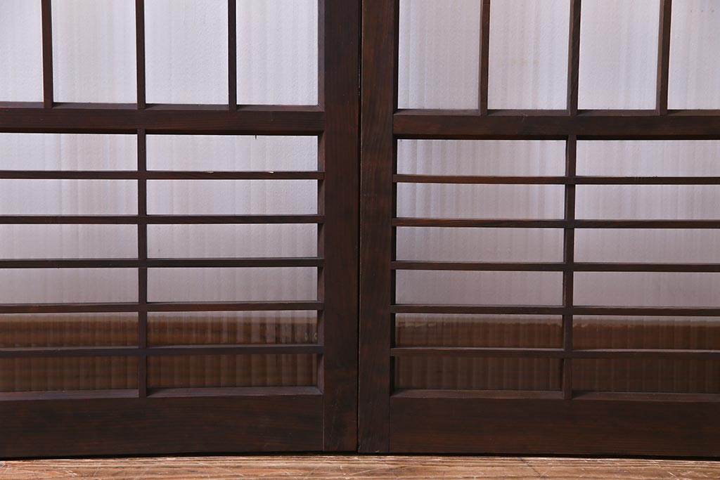 昭和初期　モールガラス　変わり格子が目を惹くシンプルなガラス戸(窓、引き戸、建具)2枚組