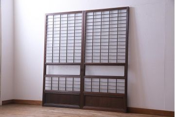 昭和初期　オリジナル花ガラス入り!上質な和の空間を演出するガラス障子戸(格子戸、ガラス戸、引き戸、建具)2枚組