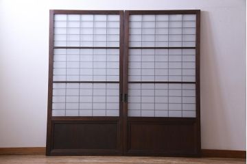 和製アンティーク　昭和初期　すりガラス越しに映る桟が風情感じるガラス戸2枚セット(引き戸、建具)