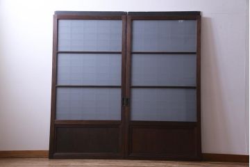 和製アンティーク　昭和初期　すりガラス越しに映る桟が風情感じるガラス戸2枚セット(引き戸、建具)