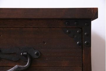 アンティーク家具　明治期　桐材　鋲金具が存在感を引き立てる脚付き箪笥ローボード(ローチェスト、衣装箪笥、桐箪笥、桐たんす)