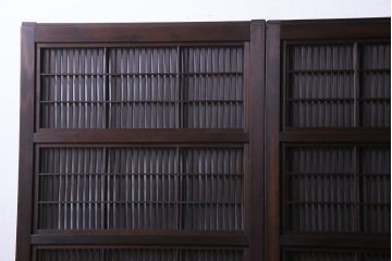 昭和初期　裏障子枠付き　腰板ケヤキ材　幅狭!粋な雰囲気のガラス格子戸(ガラス帯戸、引き戸、建具)4枚セット