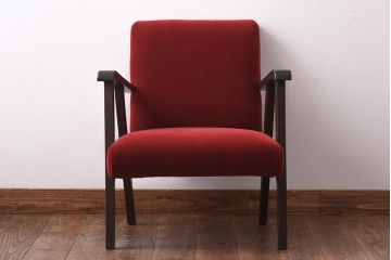 アンティーク家具　和製アンティーク　ナラ材　落ち着いた赤い座面が存在感を放つ一人掛けソファ(アームチェア)(1)