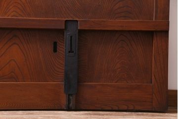 和製アンティーク　総ケヤキ材　漆塗り　赤みを帯びた木肌が味わい深いガラス入り蔵戸(建具、引き戸、玄関戸)