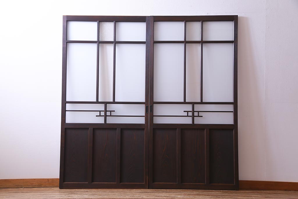 和製アンティーク　昭和初期　ダイヤガラス入り　和モダンな雰囲気漂う味わい深いガラス戸2枚セット(建具、引き戸)