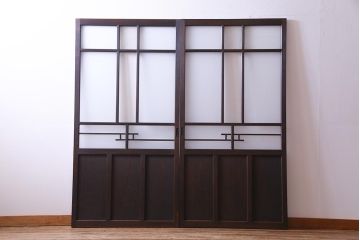 和製アンティーク　昭和初期　ダイヤガラス入り　和モダンな雰囲気漂う味わい深いガラス戸2枚セット(建具、引き戸)