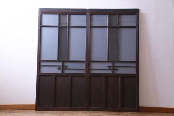 和製アンティーク　昭和初期　ダイヤガラス入り　和モダンな雰囲気漂う味わい深いガラス戸2枚セット(建具、引き戸)