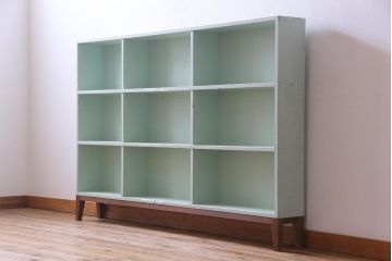 アンティーク家具　リメイク　爽やかなカラーが可愛らしい薄型オープンラック(収納棚、本棚)