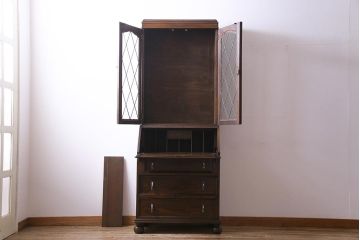 アンティーク家具　イギリスアンティーク　オーク材　ステンドグラスの入ったシックなビューローブックケース(ライティングビューロー、本箱、チェスト)