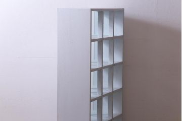リメイク家具　ペイント　シャビーシックな雰囲気がお洒落なガラス入りマス目棚(ディスプレイ棚、飾り棚、陳列棚、店舗什器)(R-032985)