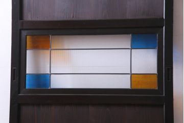 和製アンティーク　ラフジュ工房オリジナルステンドグラス　モールガラスとステンドグラス入りの和モダンな帯戸1枚(ガラス帯戸、板戸、引戸)