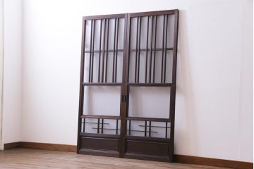 当店オリジナルガラス　変わり花菱　デザインガラスを使用したレトロな雰囲気のガラス戸2枚セット(建具、引き戸)