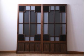昭和初期　色ガラス入り　レトロモダンな雰囲気がお洒落なガラス戸2枚セット(建具、引き戸)