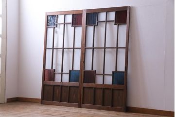 昭和初期　色ガラス入り　レトロモダンな雰囲気がお洒落なガラス戸2枚セット(建具、引き戸)