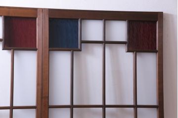 昭和初期　色ガラス入り　レトロモダンな雰囲気がお洒落なガラス戸2枚セット(建具、引き戸)