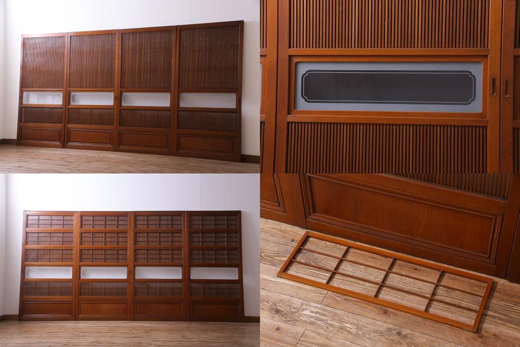 昭和中期　極上品　腰板ケヤキ材　趣と品のある佇まいが魅力の格子戸4枚セット(引き戸、建具)