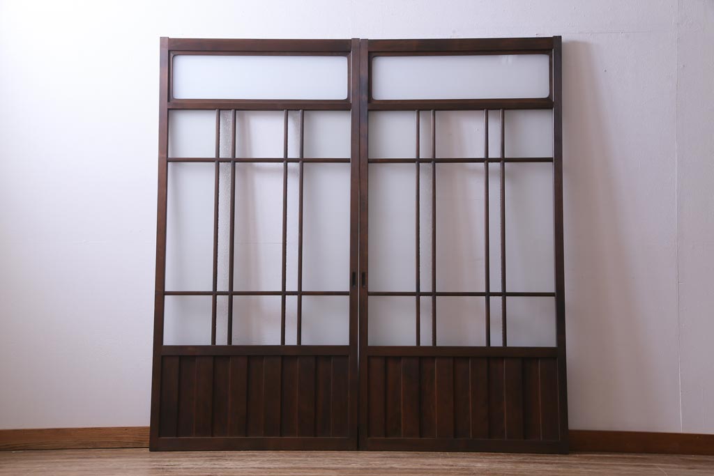 和製アンティーク　ダイヤガラス・すりガラス入り　レトロな雰囲気漂うガラス戸2枚セット(建具、引き戸)