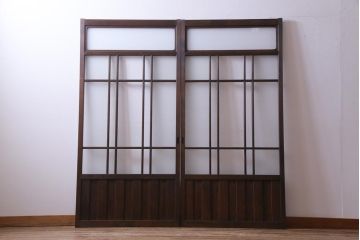 和製アンティーク　ダイヤガラス・すりガラス入り　レトロな雰囲気漂うガラス戸2枚セット(建具、引き戸)