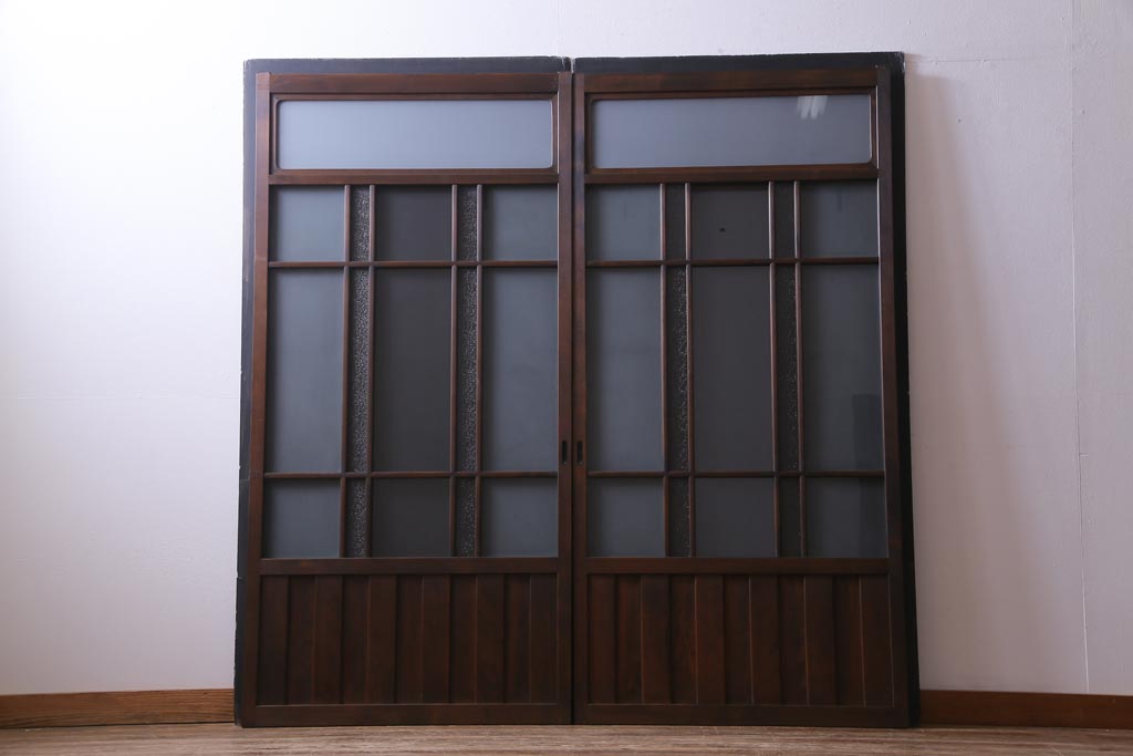 和製アンティーク　ダイヤガラス・すりガラス入り　レトロな雰囲気漂うガラス戸2枚セット(建具、引き戸)