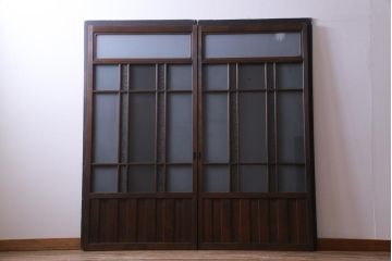 和製アンティーク　ダイヤガラス・すりガラス入り　レトロな雰囲気漂うガラス戸2枚セット(建具、引き戸)