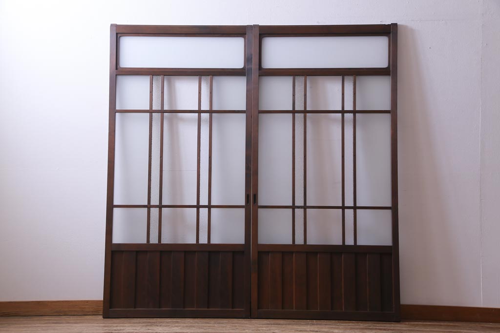 和製アンティーク　ダイヤガラス・すりガラス入り　レトロな雰囲気漂うガラス戸2枚セット(建具、引き戸)