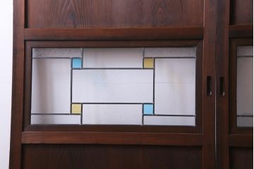 和製アンティーク　結霜ガラス入り　淡い色ガラスが優しげな雰囲気醸し出す板戸2枚セット(建具、引き戸)