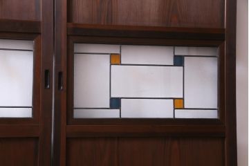 和製アンティーク　結霜ガラス入り　淡い色ガラスが優しげな雰囲気醸し出す板戸2枚セット(建具、引き戸)(1)