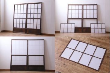 昭和中期　和の風情あふれる佇まいが魅力の摺り上げ雪見障子戸2枚セット(引き戸、擦り上げ障子戸、擦上障子戸、建具)