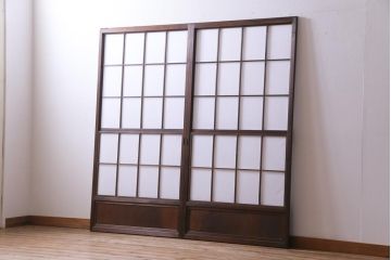 昭和中期　和の風情あふれる佇まいが魅力の摺り上げ雪見障子戸2枚セット(引き戸、擦り上げ障子戸、擦上障子戸、建具)