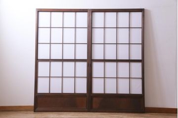 昭和中期　和の風情あふれる佇まいが魅力の摺り上げ雪見障子戸2枚セット(引き戸、擦り上げ障子戸、擦上障子戸、建具)