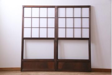 昭和中期　和の風情あふれる佇まいが魅力の摺り上げ雪見障子戸2枚セット(引き戸、擦り上げ障子戸、擦上障子戸、建具)