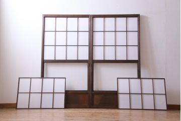 昭和中期　和の風情あふれる佇まいが魅力の摺り上げ雪見障子戸2枚セット(引き戸、擦り上げ障子戸、擦上障子戸、建具)