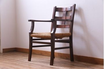 中古美品　松本民芸家具　ラッシ座面が目を引くSP十字アームチェア(ラッシチェア、椅子)(2)